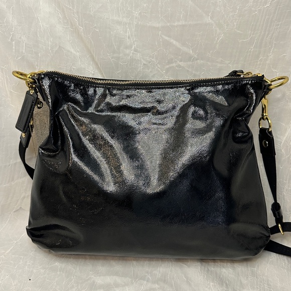 Coach Poppy Liquid Gloss Shiny Black Shoulder Bag with Gold Accents